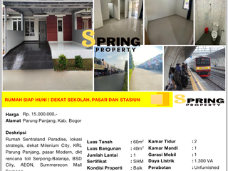 Rumah Murah Full Renovasi di Cluster Perumahan Sentraland Paradise Siap Huni Dekat Stasiun KRL & Akses Tol Legok Parung Panjang Bogor Legok KF