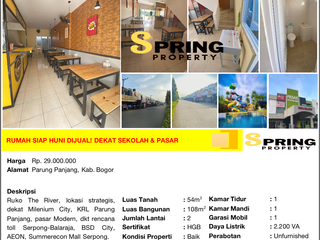 Ruko 2 Lantai Murah The River Dekat Stasiun Parung Panjang Bogor Legok