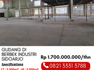 Disewakan Gudang 5000m2 di Berbek Industri Sidoarjo