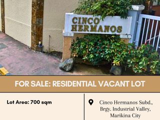 FOR SALE Residential Vacant Lot located at Cinco Hermanos Subd., Brgy. Industrial Valley, Marikina City