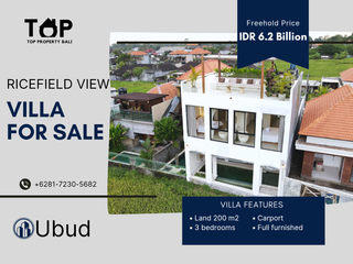 Turun Harga! Villa 3 kamar tidur dengan view sawah di lodtunduh Ubud hak milik