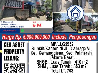 Dijual Lelang Rumah Cocok untuk Kantor di Jalan Olahraga, Palmerah, Jakarta Barat
