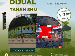 Tanah  SHM 1.685meter di Cireundeu, Tangerang Selatan
