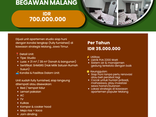 DIJUAL  APARTEMEN STUDIO  FULL FURNISHED BEGAWAN MALANG