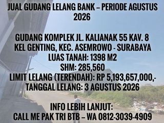 LUAS 1398M2!! DIJUAL GUDANG VIA LELANG DI KALIANAK- ASEMROWO SURABAYA
