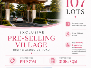 PRE-SELLING LOT ALONG C5 ROAD IN QUEZON CITY LIMITED AVAILABILITY 107 LOTS ONLY NEAR PARKLINKS, BRIDGETOWNE, AND EASTWOOD PHP 310,000 PER SQM