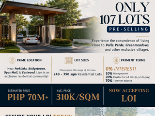 Pre selling Lot for sale along C5 road Quezon City PRIME lot for sale near Parklinks Bridgetowne Opus Mall Eastwood