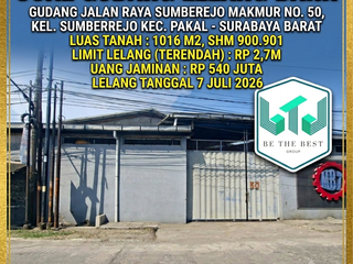 LUAS TANAH 1016 M2!! DIJUAL GUDANG VIA LELANG DI PAKAL SURABAYA (JALAN RAYA SUMBEREJO MAKMUR) – HARGA OBRALL!!