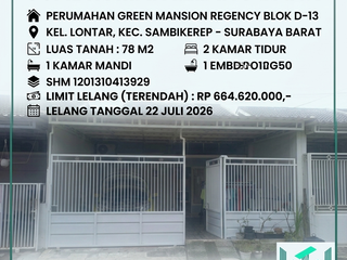 LUAS 78M2!! DIJUAL RUMAH VIA LELANG DI SAMBIKEREP SURABAYA BARAT (PERUM GREEN MANSION REGENCY LONTAR)