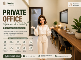 Sewa Private Office Solo | Kantor Siap Pakai Kapasitas 4–5 Orang di Jl. Slamet Riyadi Surakarta