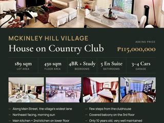 MCKINLEY HILL VILLAGE: Lot area 189 sqm, floor 450 sqm, Country Club Road, 4BR, 6 toilets, 3 car garage, P115M