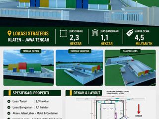 Disewakan Gudang Zona Industri Lokasi Strategis Pedan, Klaten Luas 2,3 Ha