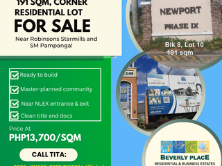 For Sale: Beverly Place Corner Residential Lot 191 sqm, Near Robinsons Starmills & SM Pampanga